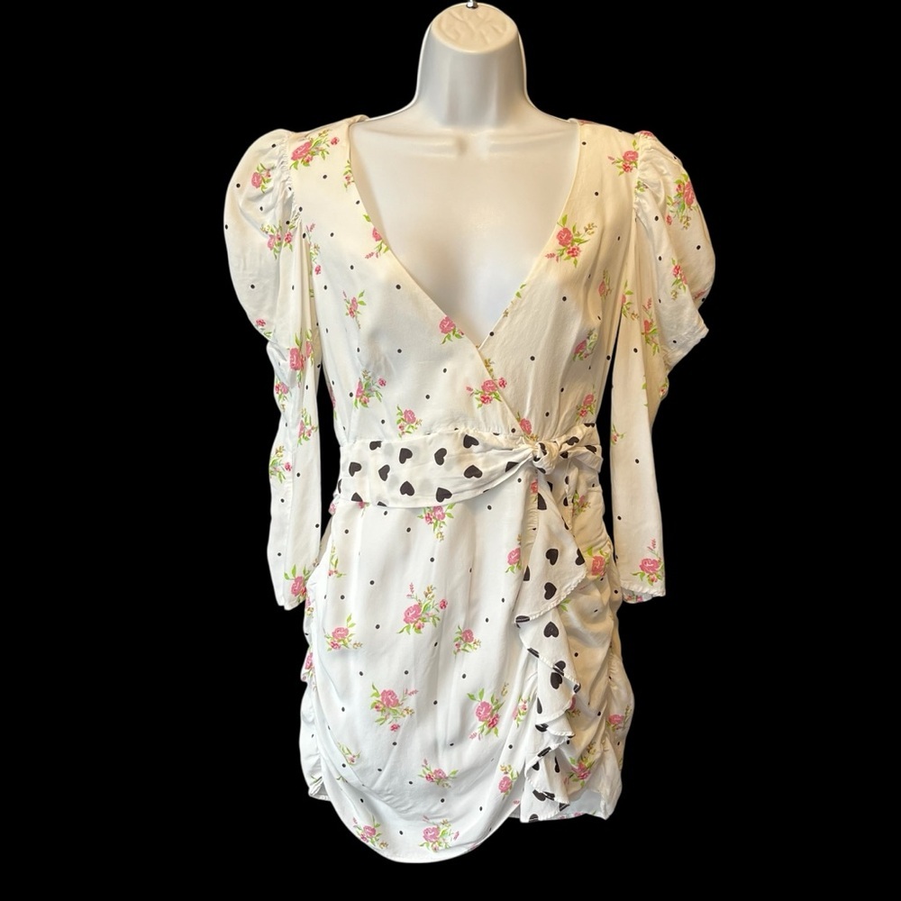 For Love and Lemons Mabel mini dress Small White floral Hearts Polkadots Womens